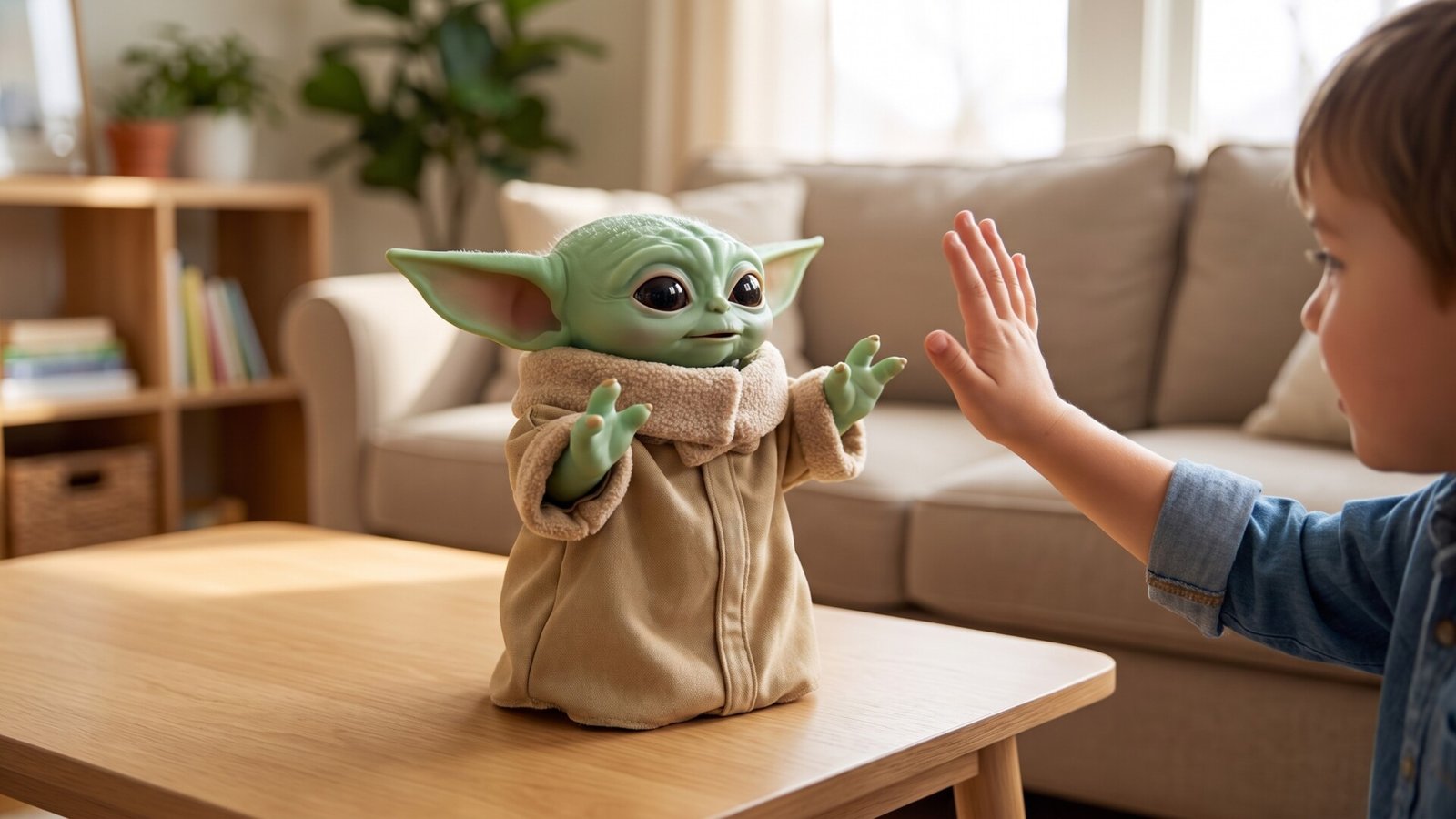Child waving their hand toward an interactive Grogu animatronic toy on a wooden coffee table