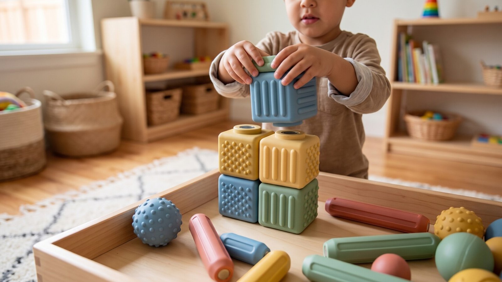 Child stacking large textured sensory blocks on a wooden play table