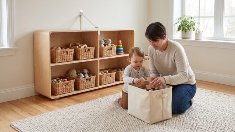 Mother and toddler sorting wooden blocks beside an anchored toy shelf with organized wicker baskets