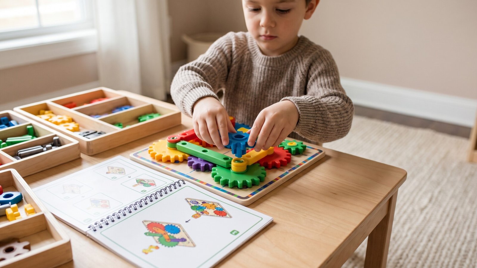 Child assembling colorful gears using a visual guide from an engineering kit on a wooden table