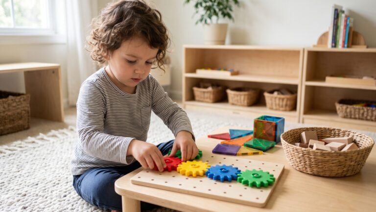 Young child carefully arranging colorful interlocking gears on a wooden board during playtime