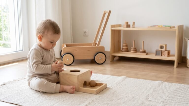 Baby sitting on a play mat exploring a wooden object permanence box in a minimalist nursery