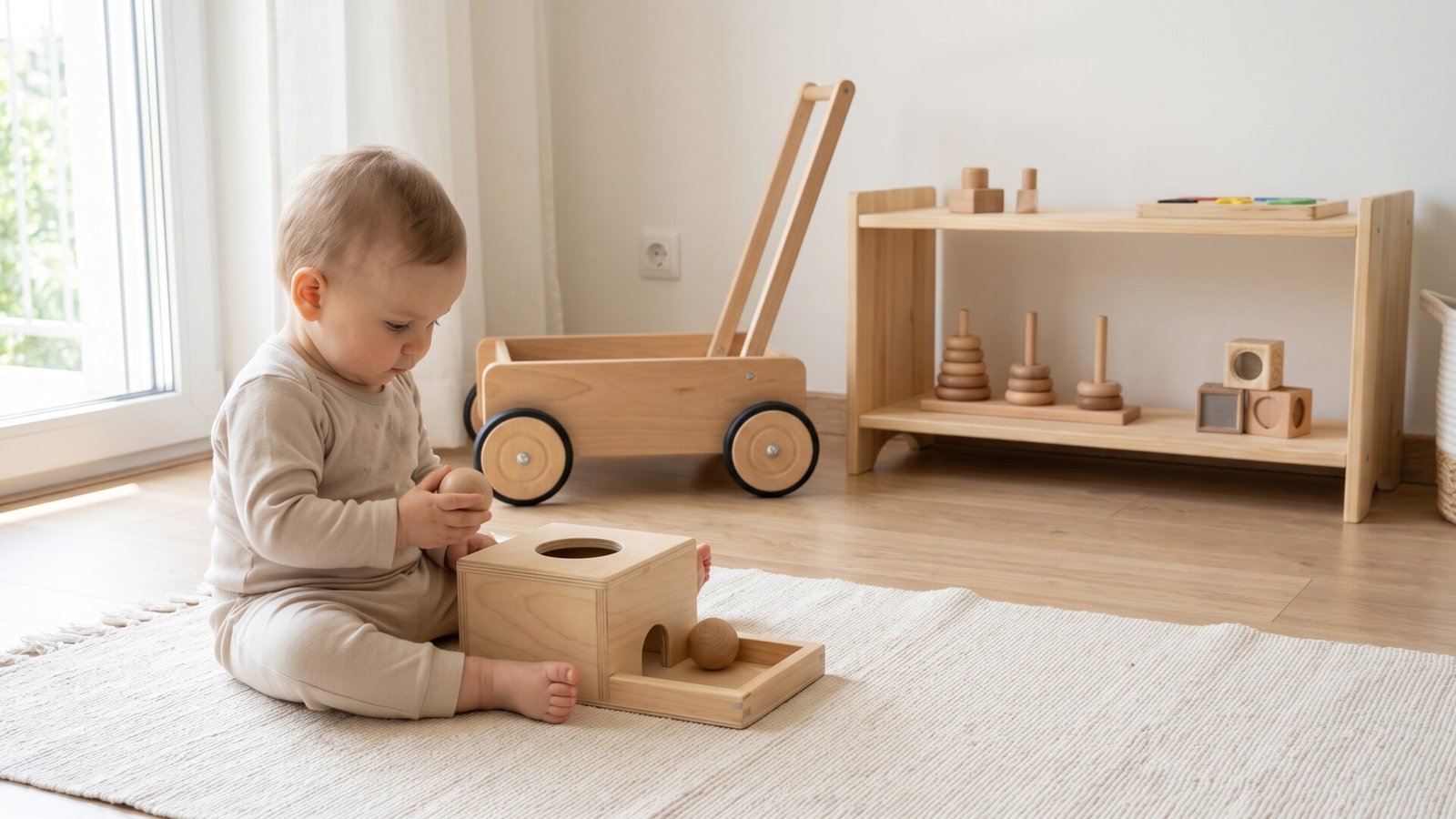 Baby sitting on a play mat exploring a wooden object permanence box in a minimalist nursery