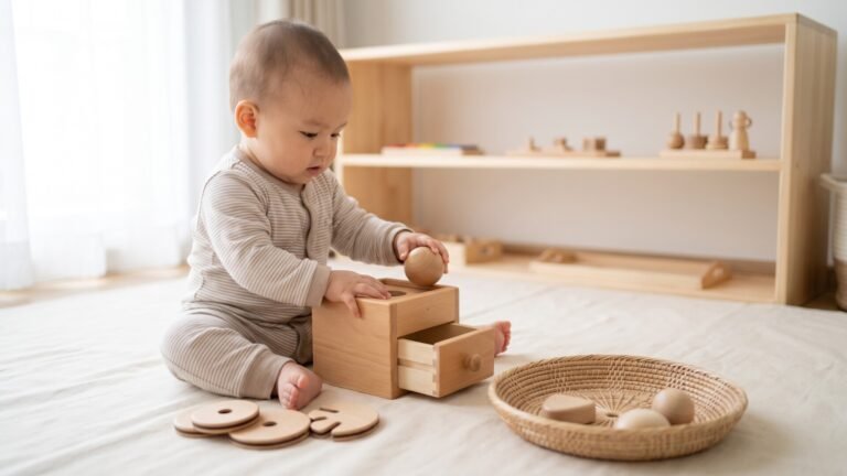 Baby sitting on a mat playing with a wooden Montessori object permanence box and ball