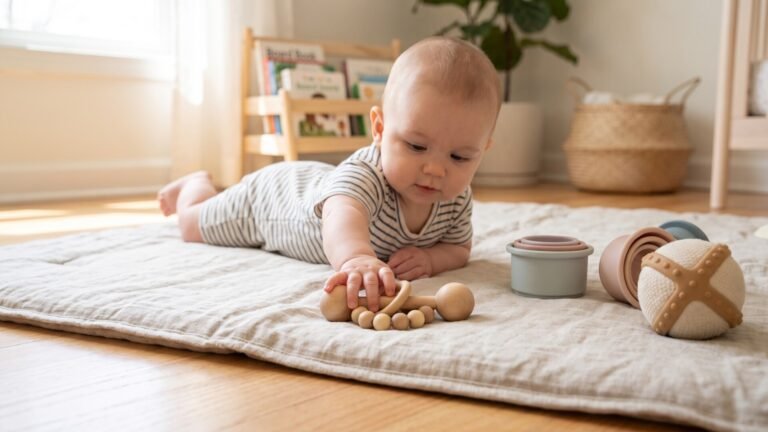 Baby doing tummy time on a nursery mat while reaching for a wooden rattle beside sensory toys