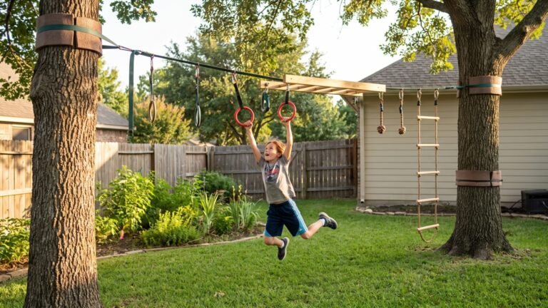 Young boy swinging from rings on a backyard ninja warrior obstacle line strung between two trees
