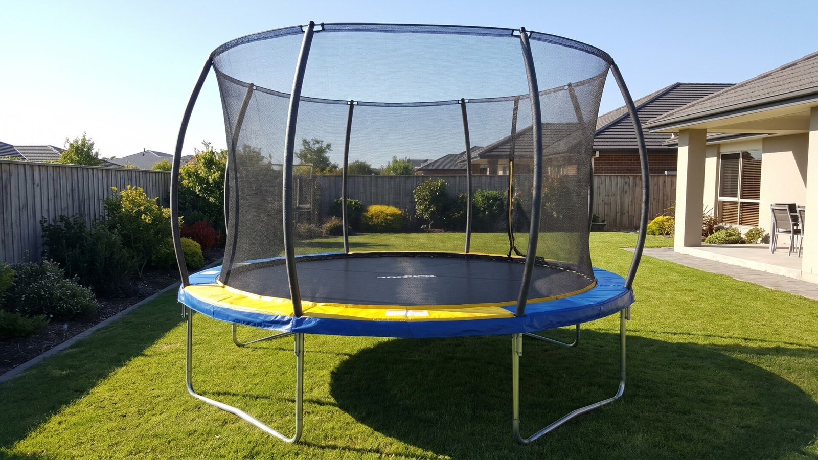 Round trampoline with a safety enclosure net set up on a grassy suburban backyard lawn