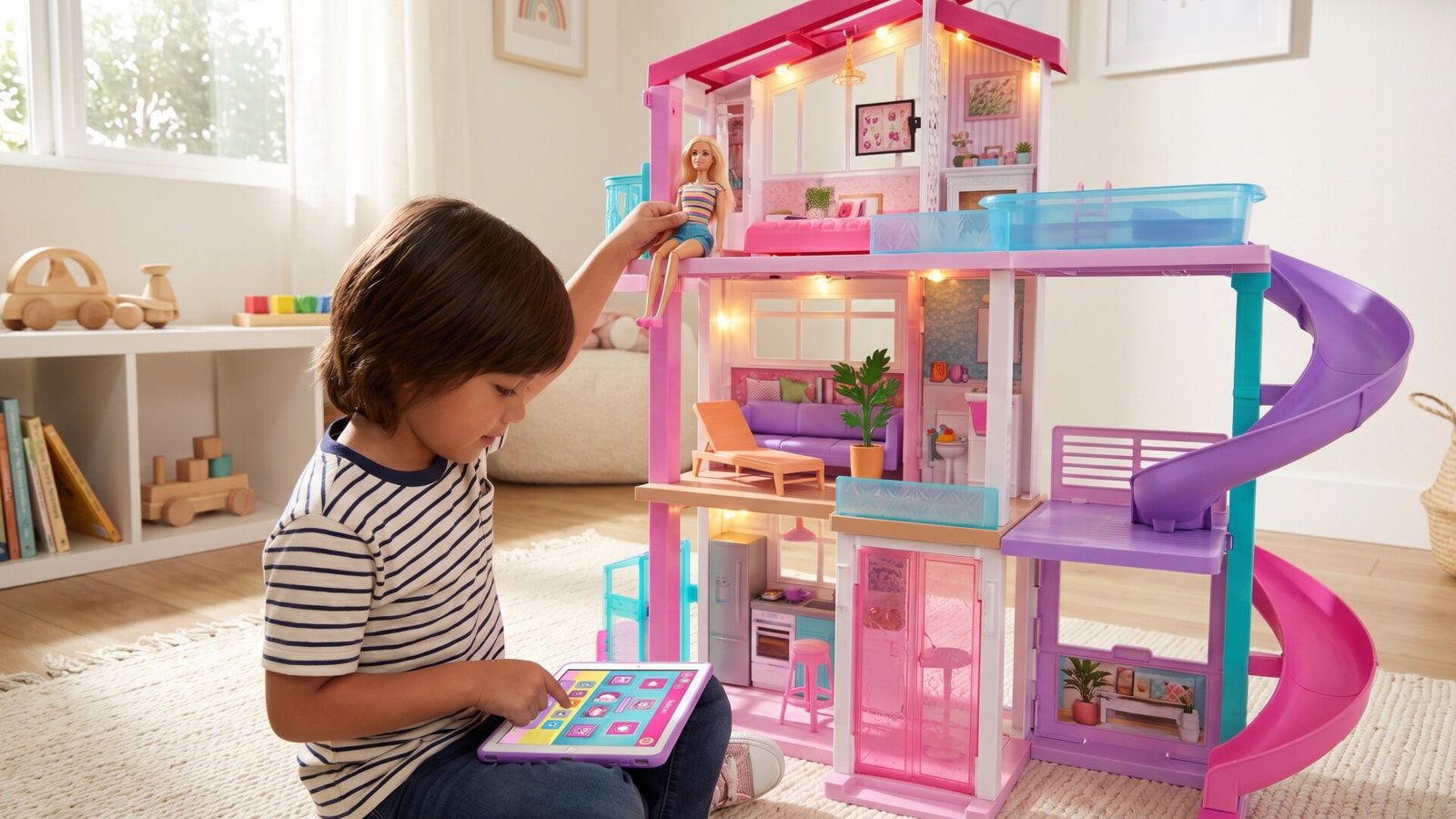 Child using a tablet to control a multi-story Barbie Dreamhouse playset with lights and slide