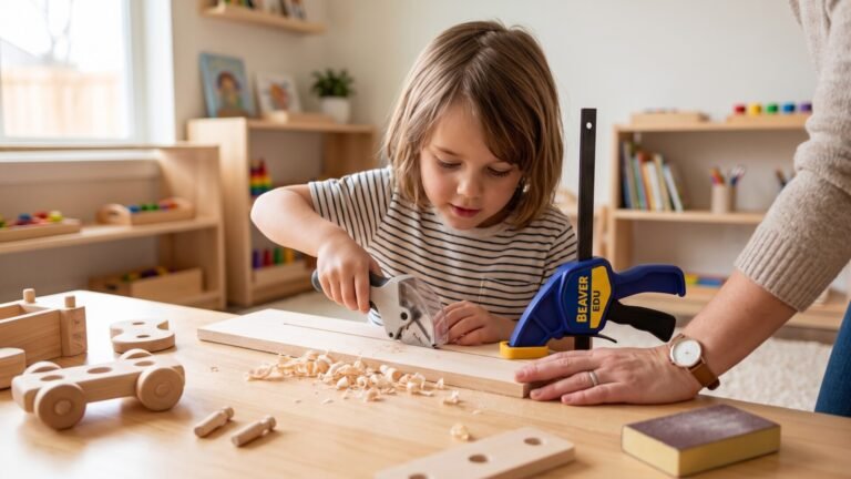 A young child shapes a clamped wooden board with a guarded Beaver Edu cutting tool under adult supervision