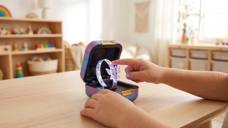 Child touching the glowing fairy character inside an open Bitzee Magicals interactive digital pet pod