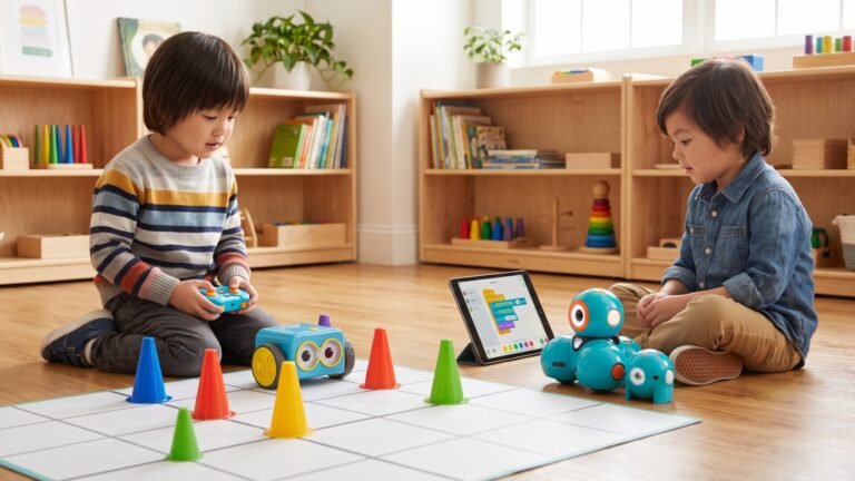 Two children playing with Botley 2.0 and Dash and Dot educational coding robots on a classroom floor grid