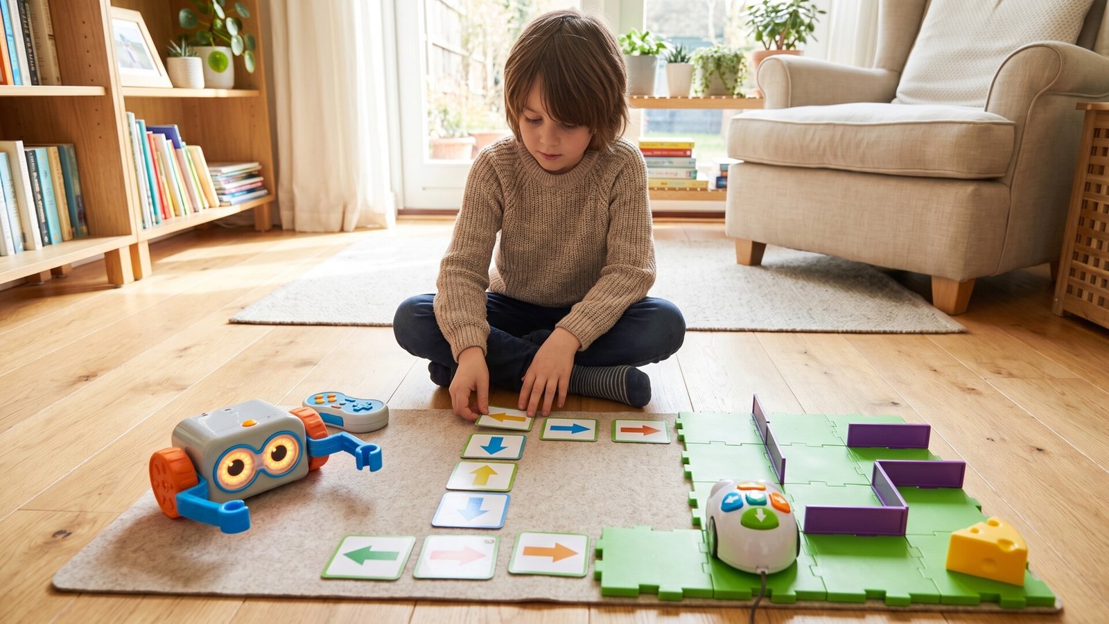 Child arranging coding cards on the floor between the Botley 2.0 robot and the Code & Go Robot Mouse maze