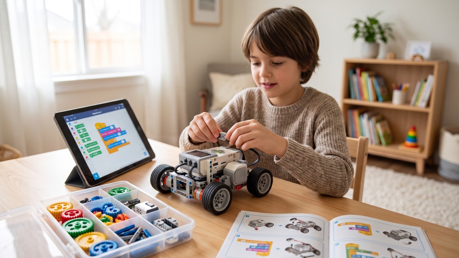 A boy assembling a wheeled STEM robot at a desk alongside a coding tablet and manual