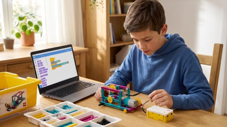 Young boy assembling a LEGO Spike Prime robotic build next to a laptop displaying block coding software