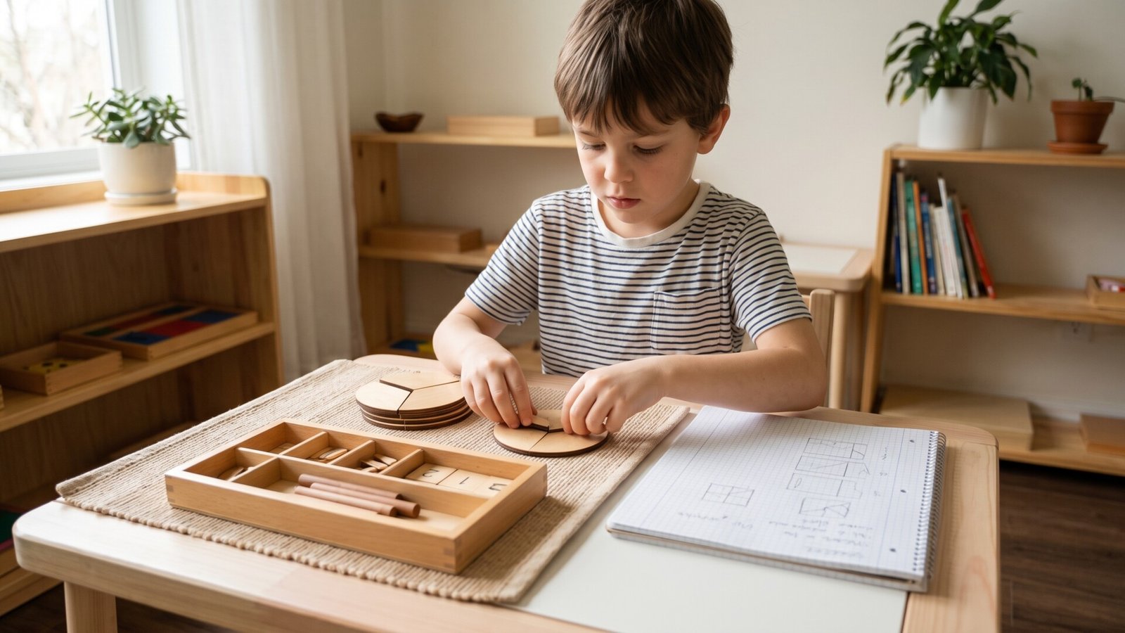 Young boy focused on solving fractions with wooden Montessori circle materials at a wooden table