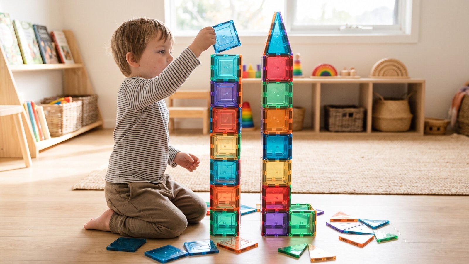 Toddler building tall, colourful magnetic tile towers side by side on a wooden playroom floor