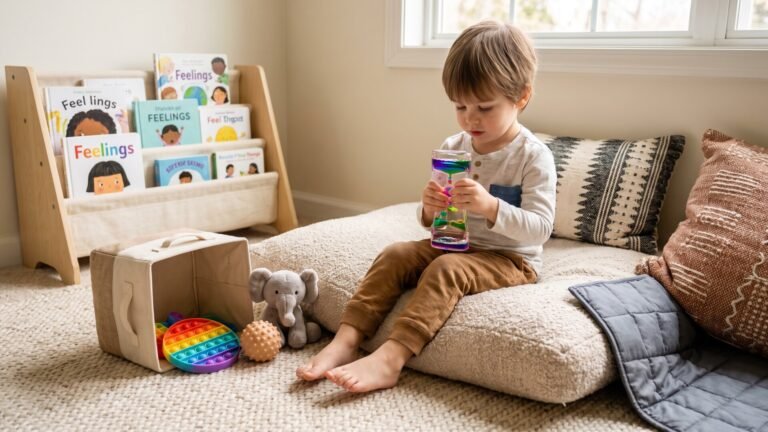Young boy holding a liquid motion timer while sitting on a cushion beside sensory fidget toys and books about feelings