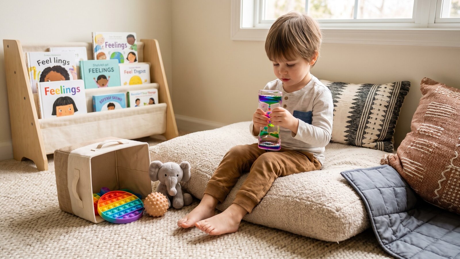 Young boy holding a liquid motion timer while sitting on a cushion beside sensory fidget toys and books about feelings