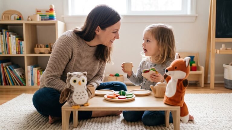 Mother and toddler talking during pretend tea party play with wooden toy food and puppets