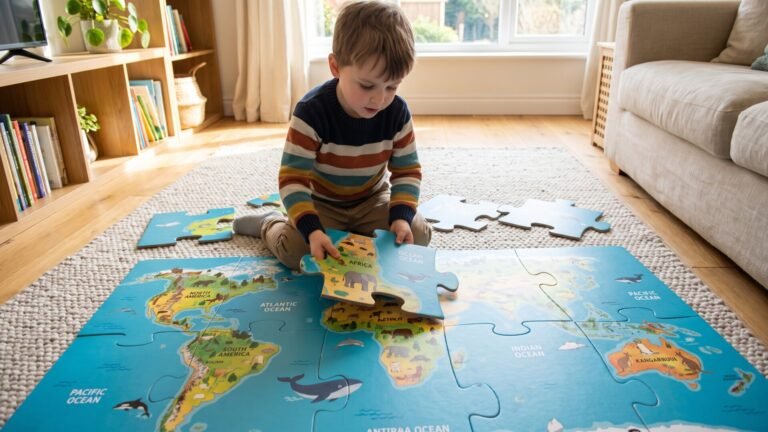 Young boy placing an illustrated piece into a large world map floor puzzle on a living room rug