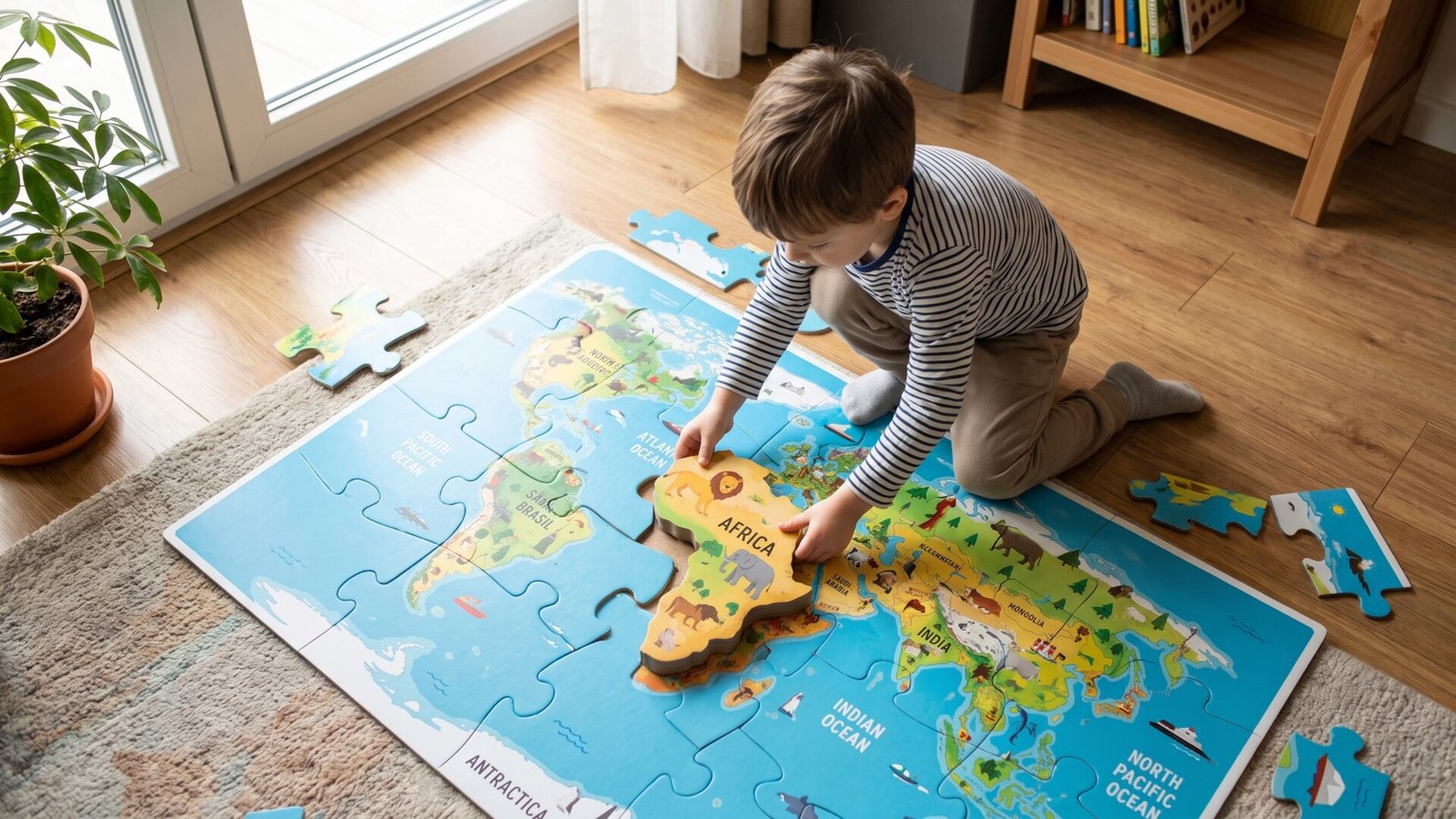 Young boy placing the Africa continent piece into a large colorful world map floor puzzle