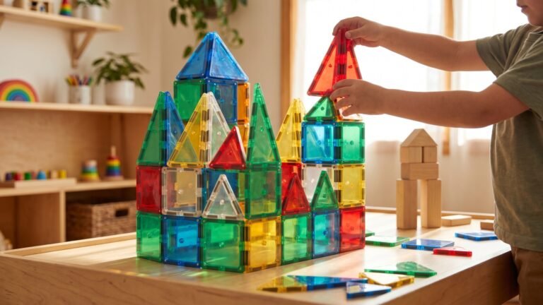 Child building a colorful magnetic tile castle on a wooden play table next to plain wooden blocks
