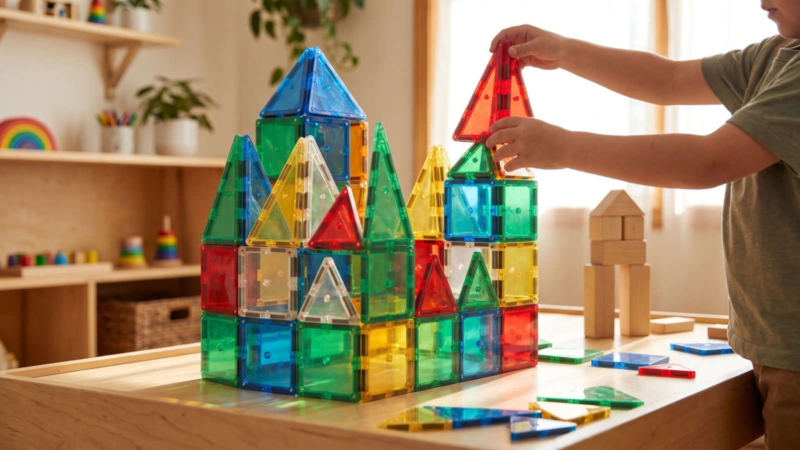 Child building a colorful magnetic tile castle on a wooden play table next to plain wooden blocks