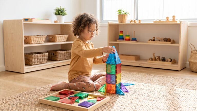 Young child building a colorful magnetic tile tower on a woven rug in a Montessori playroom