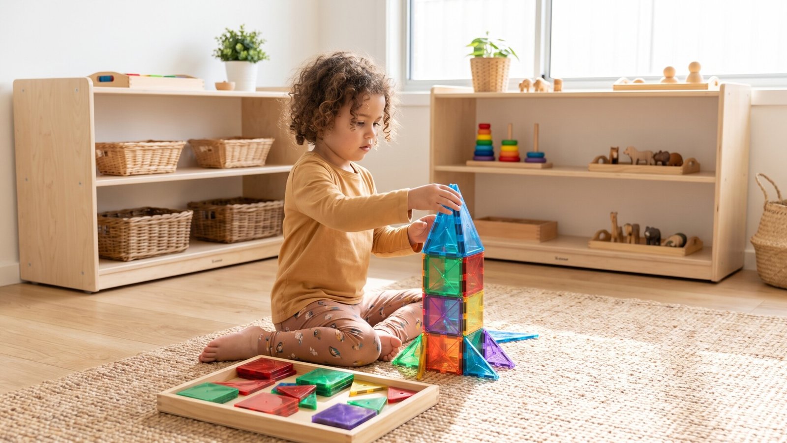 Young child building a colorful magnetic tile tower on a woven rug in a Montessori playroom