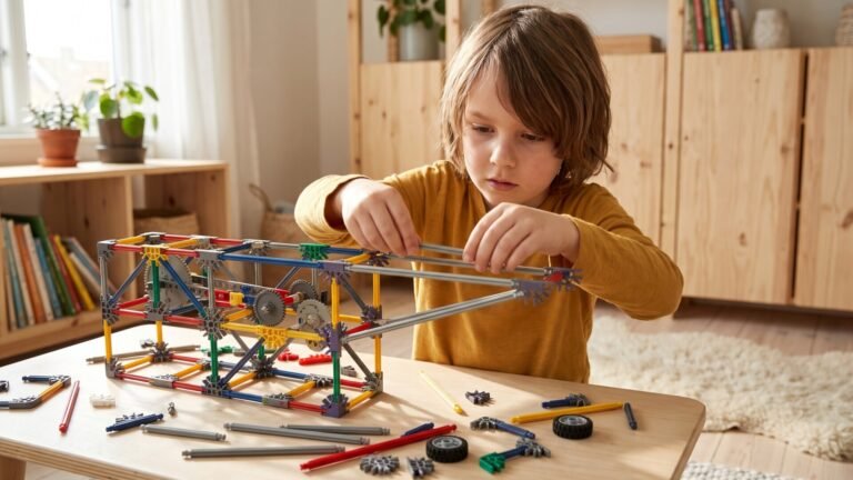 A young boy carefully attaching rods and gears to a complex construction toy model on a table