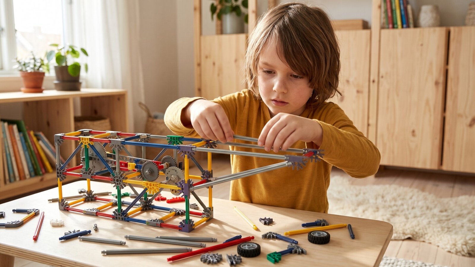A young boy carefully attaching rods and gears to a complex construction toy model on a table