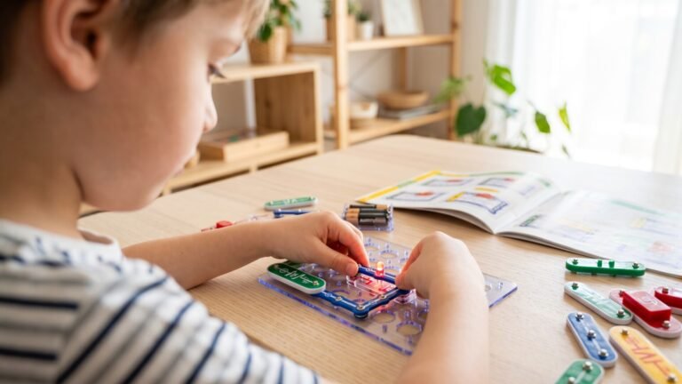 Young boy assembling a snap circuits electronics kit on a wooden desk with a glowing red LED