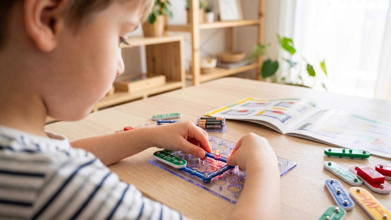 Young boy assembling a snap circuits electronics kit on a wooden desk with a glowing red LED