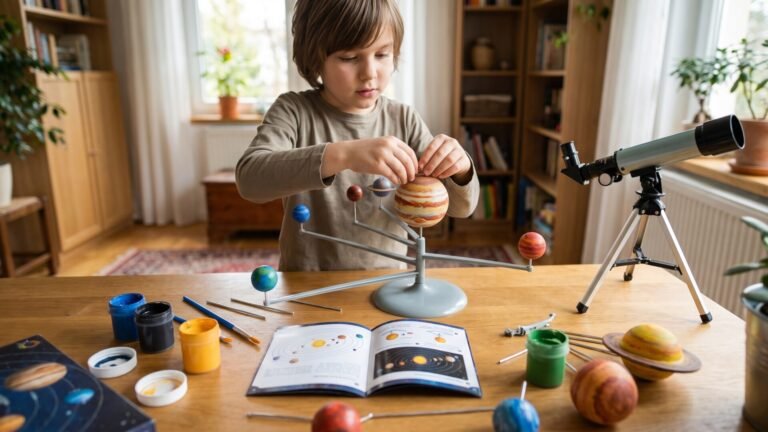 Young boy assembling a painted solar system model kit beside an astronomy guide and small telescope
