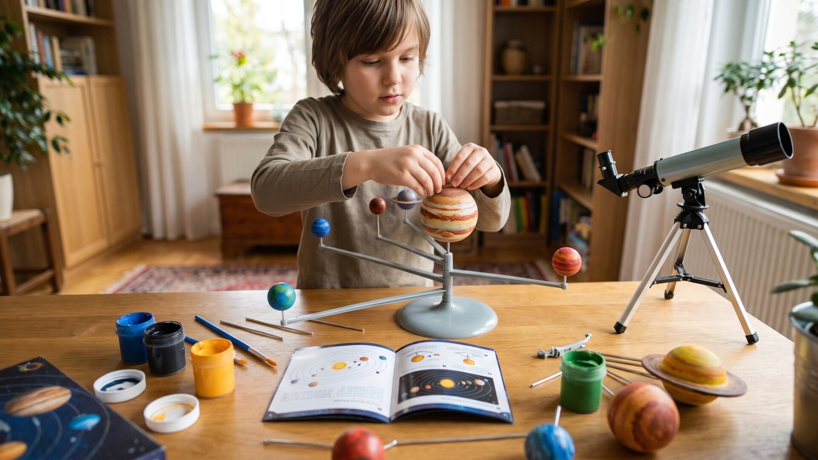 Young boy assembling a painted solar system model kit beside an astronomy guide and small telescope