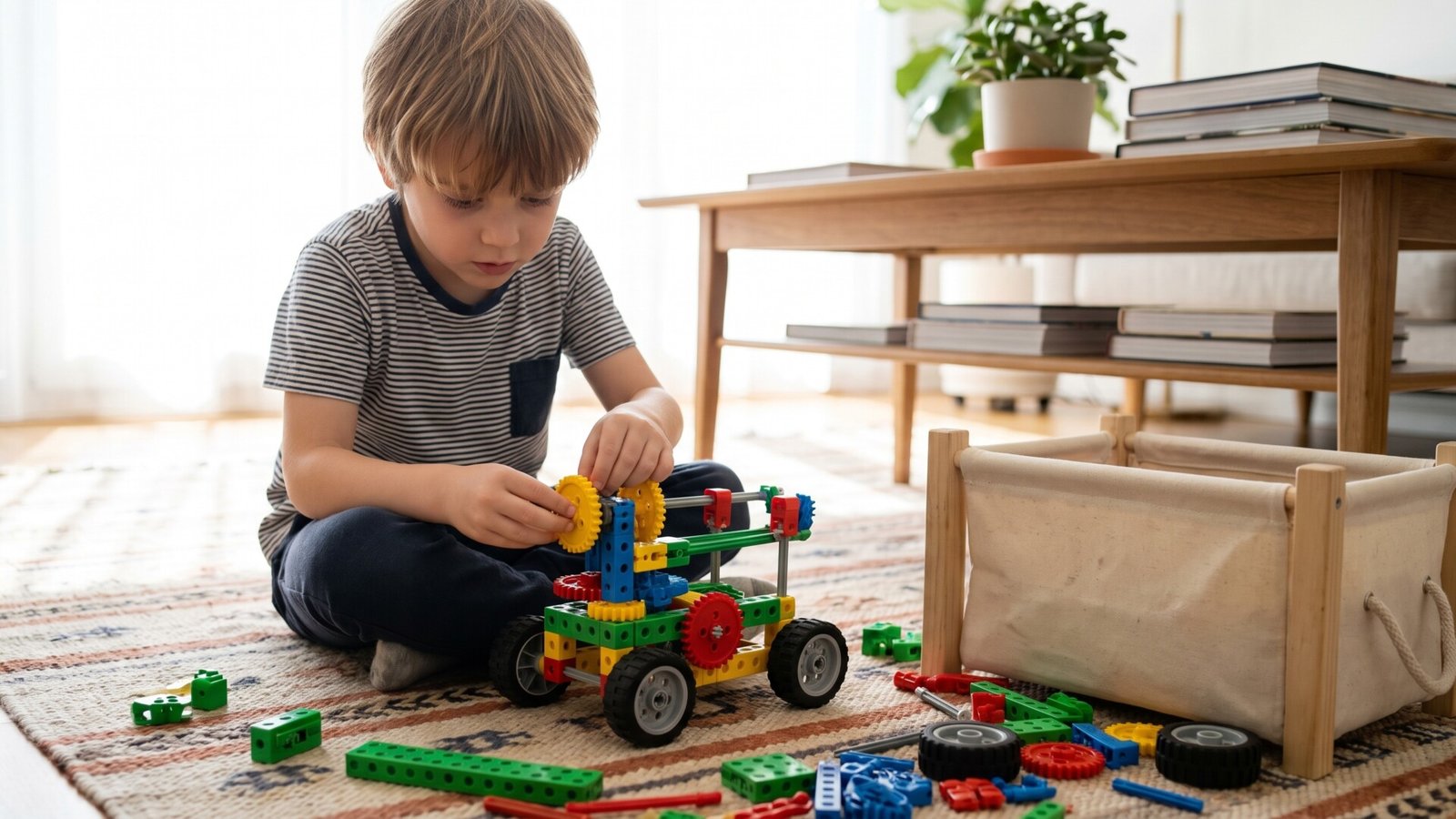 Young boy sitting on a rug assembling a toy vehicle with colorful STEM building blocks and gears