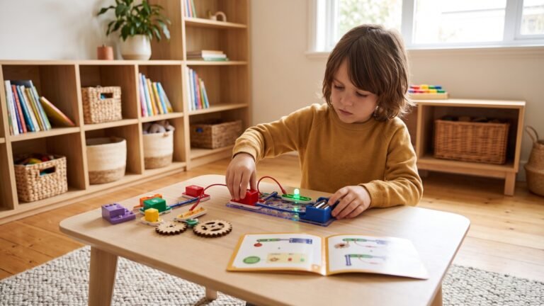 Young boy carefully assembling an electronic circuit kit on a wooden table with an instructional booklet