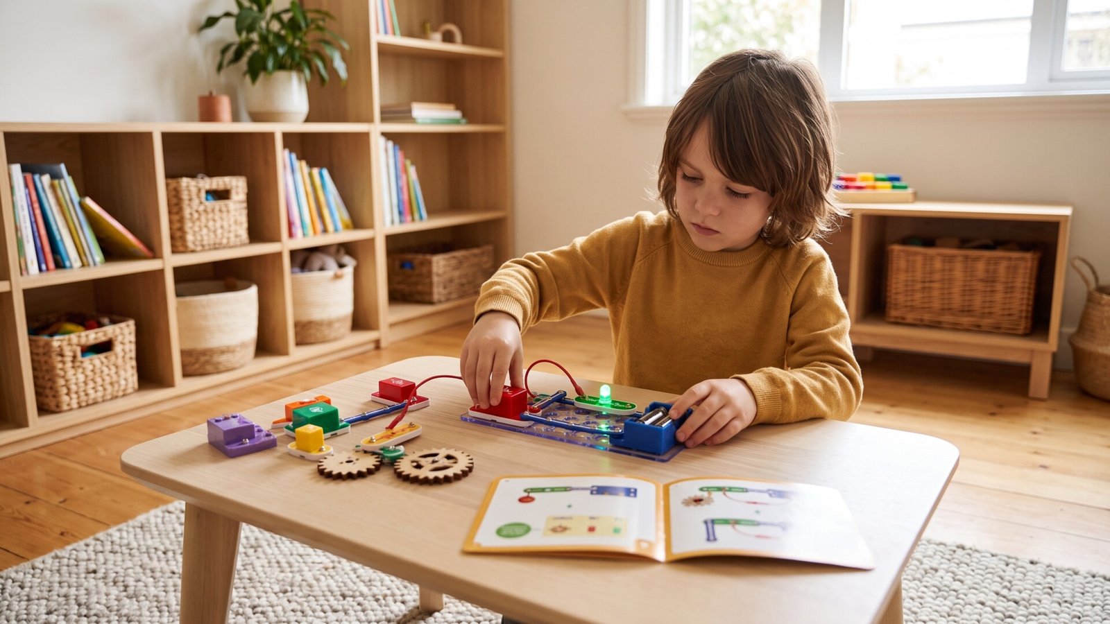 Young boy carefully assembling an electronic circuit kit on a wooden table with an instructional booklet