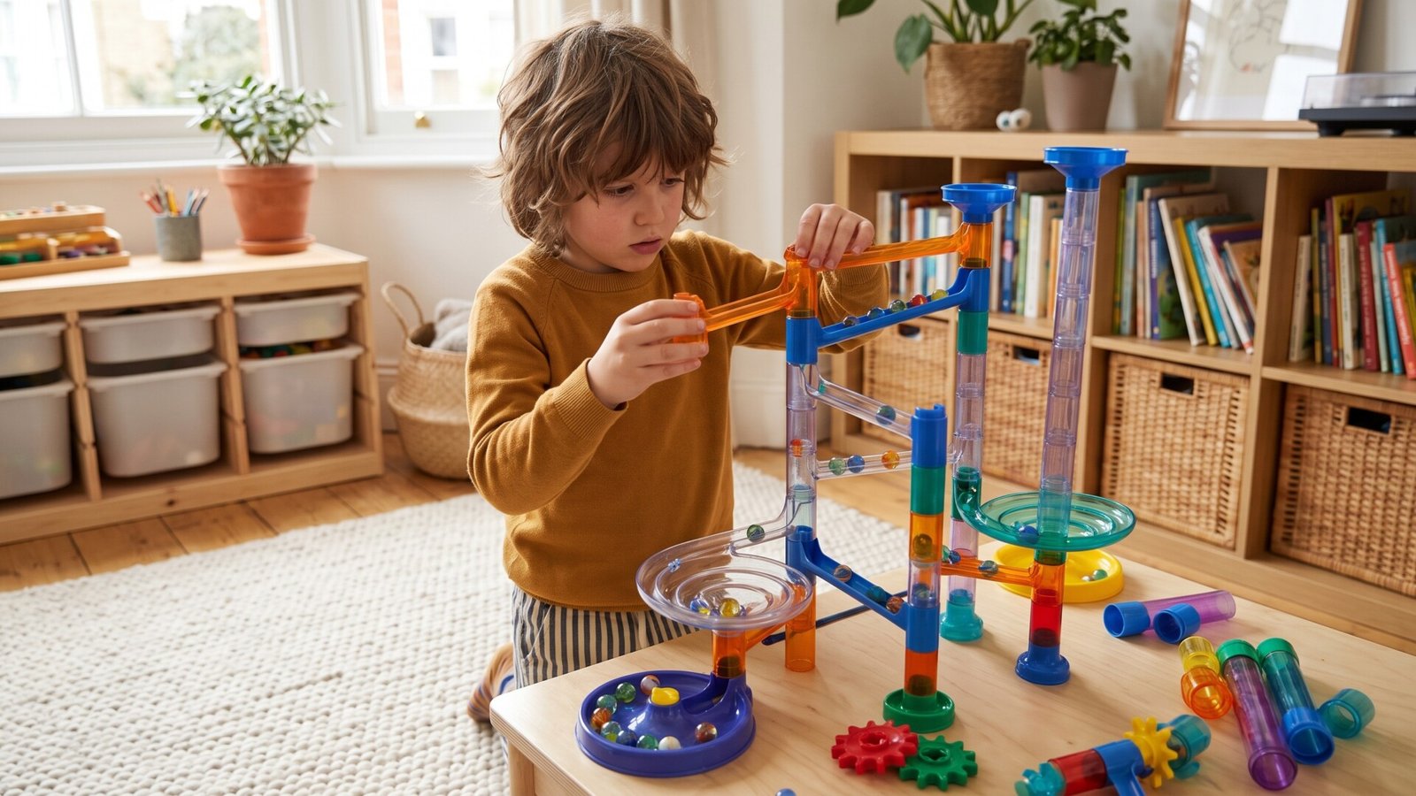 Young child focused on assembling a colorful marble run track on a wooden table