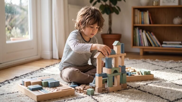 Young child sitting on a living room rug carefully assembling a structure with wooden building blocks