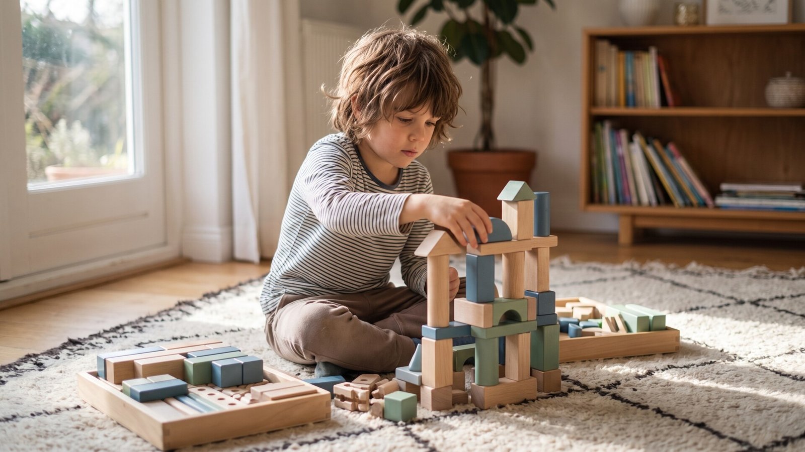 Young child sitting on a living room rug carefully assembling a structure with wooden building blocks