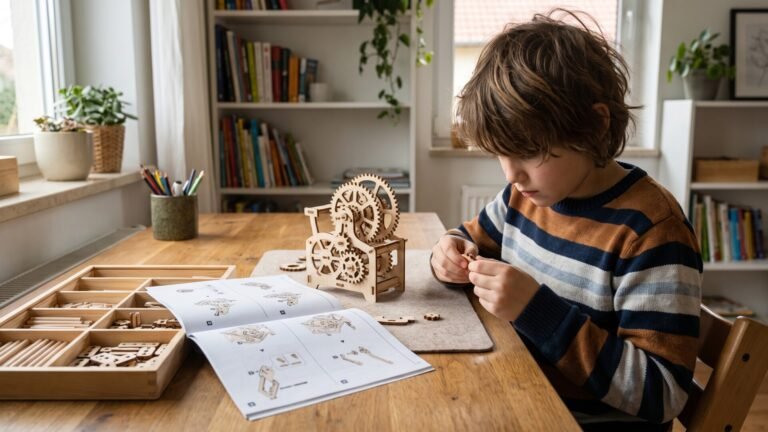 A young boy focused on assembling an intricate wooden gear model kit at a desk with an instruction booklet