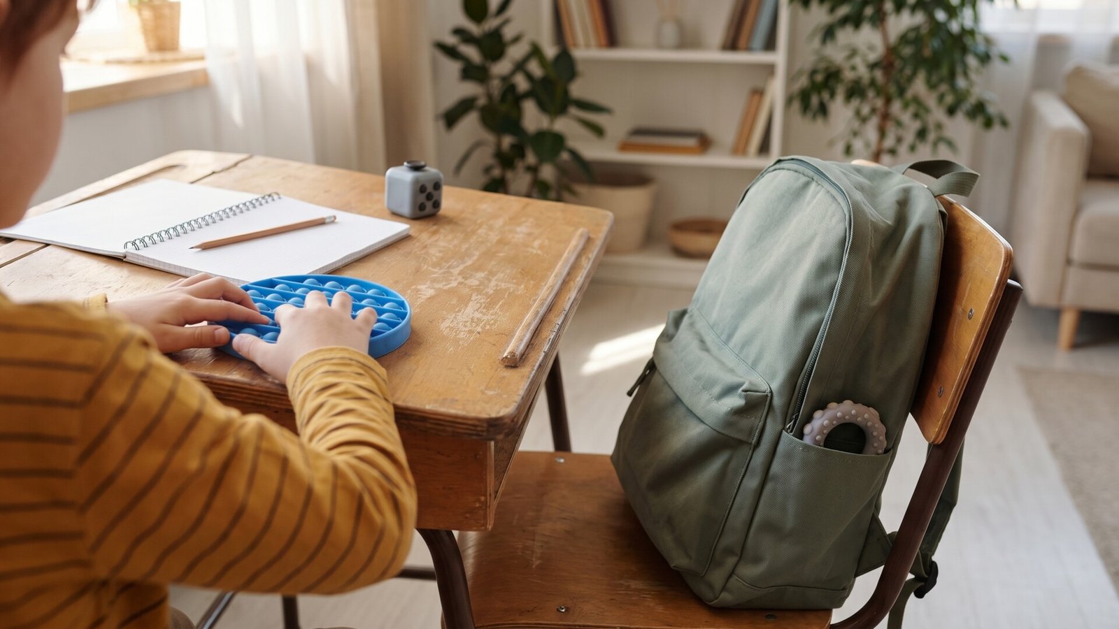 Child pressing a blue silicone pop-it fidget toy at a wooden school desk next to a backpack and notebook