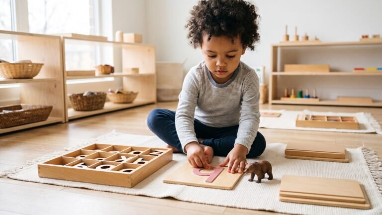 Young child tracing a sandpaper letter board beside wooden alphabet pieces on a classroom mat