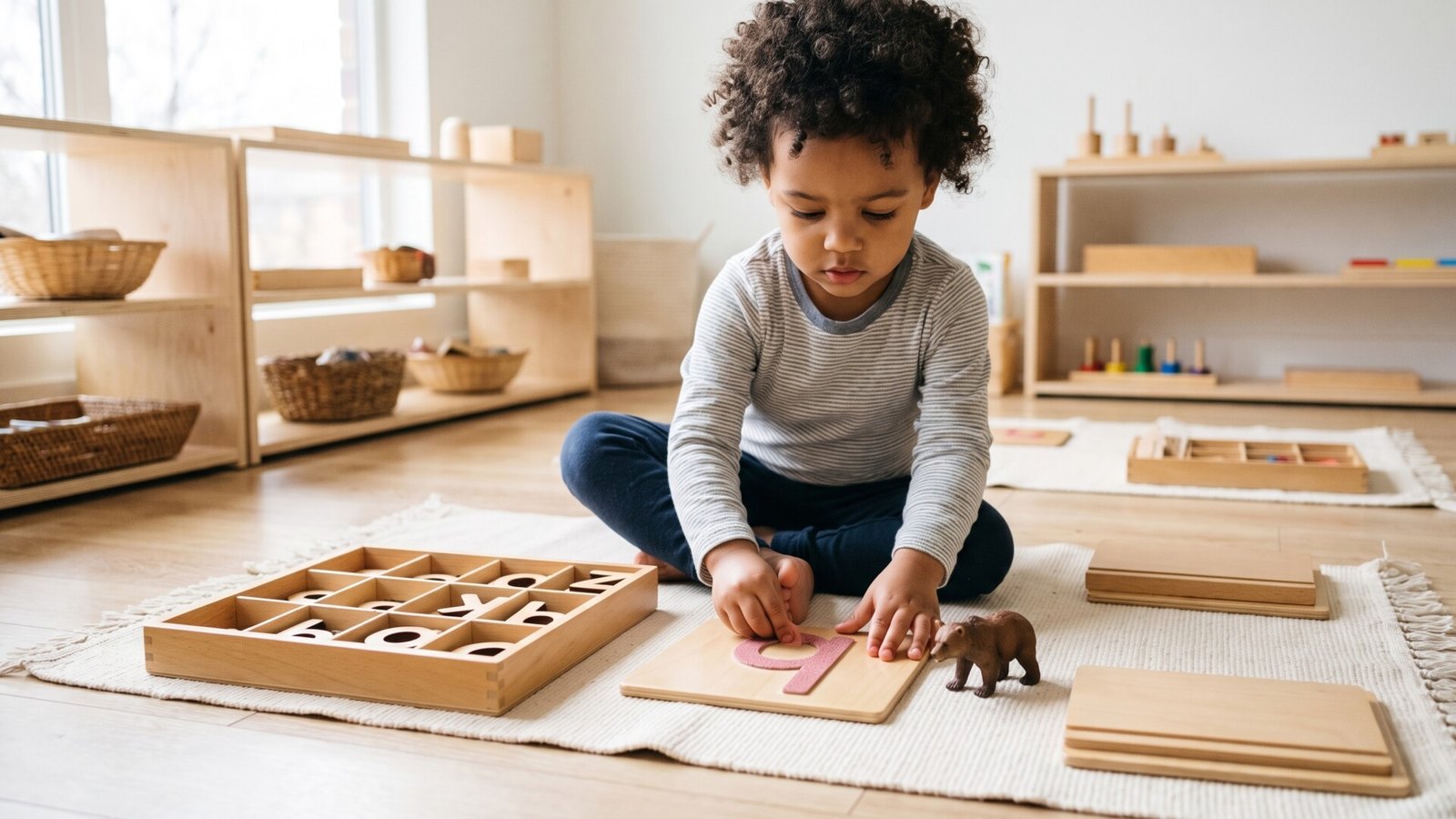 Young child tracing a sandpaper letter board beside wooden alphabet pieces on a classroom mat