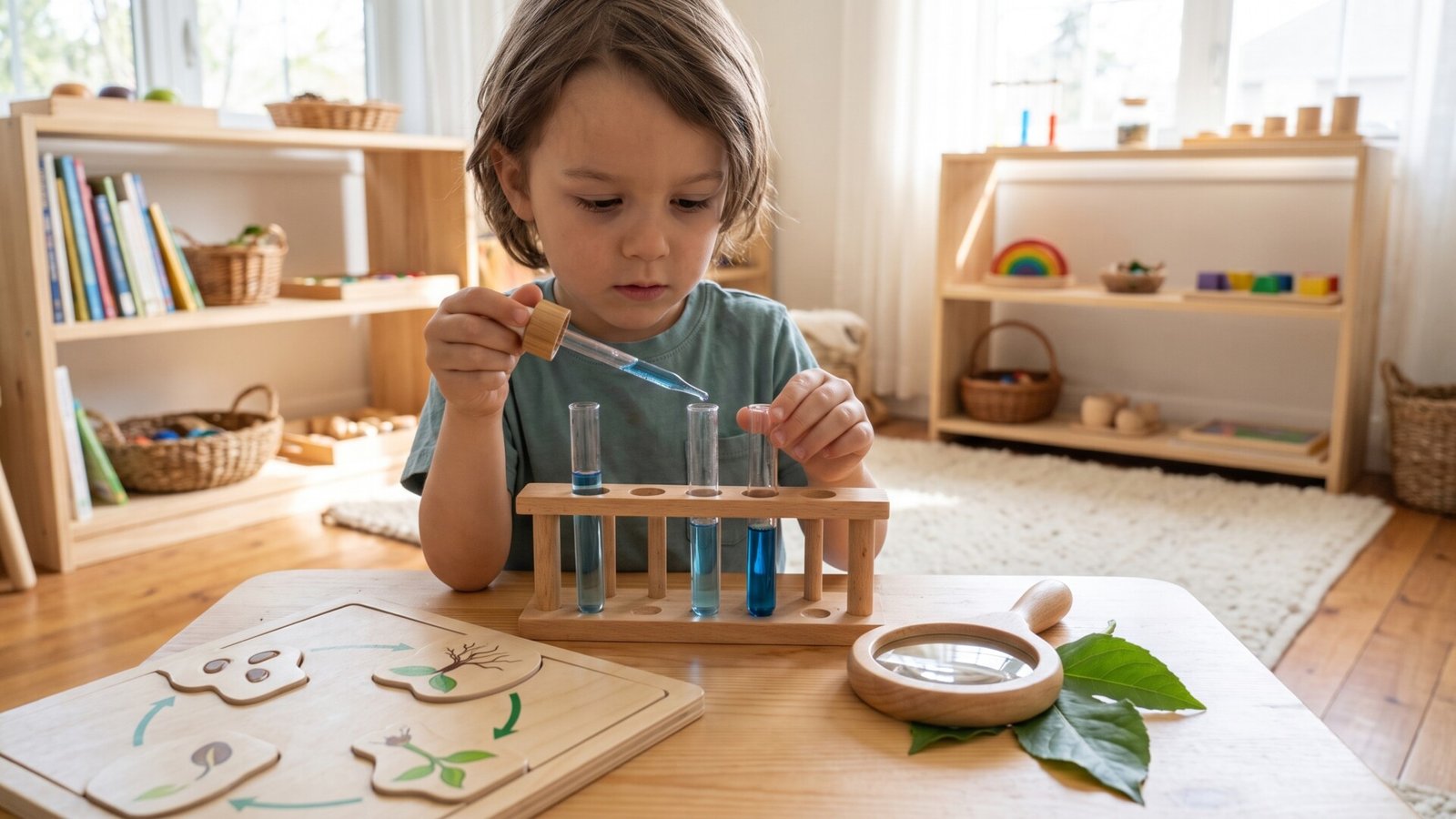 A young child drops blue liquid into wooden test tubes beside a plant lifecycle puzzle and magnifying glass