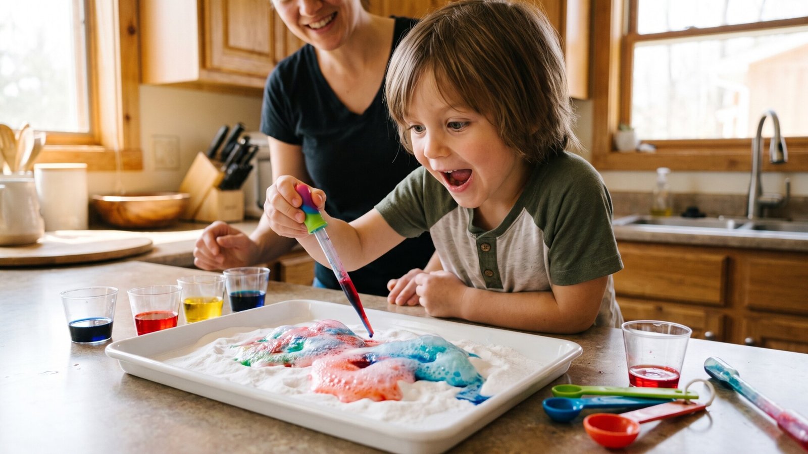 Excited young boy using a dropper to create colorful fizzing chemical reactions on a kitchen counter