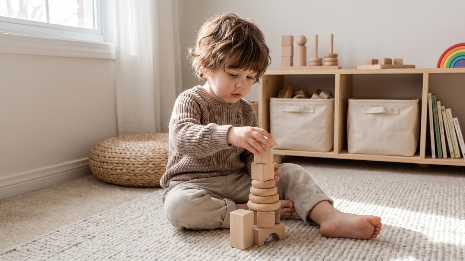Young child sitting on a rug calmly stacking wooden blocks during independent quiet playtime