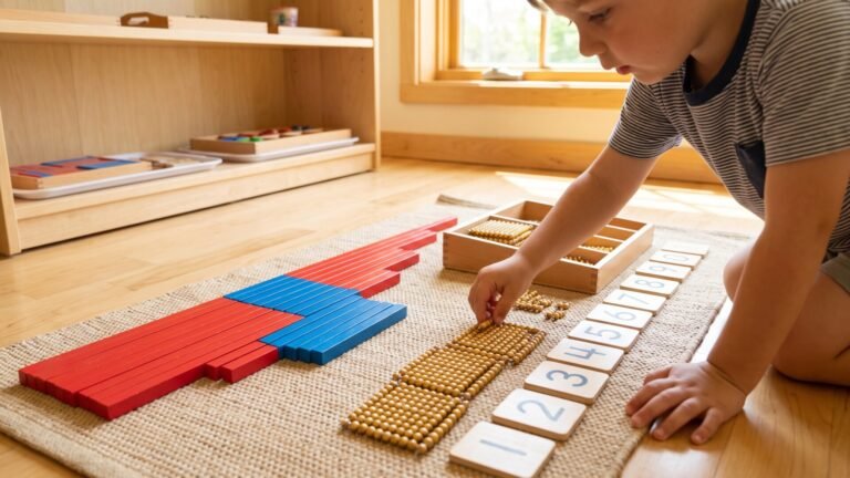 Young child arranging golden beads and number rods during a Montessori math activity