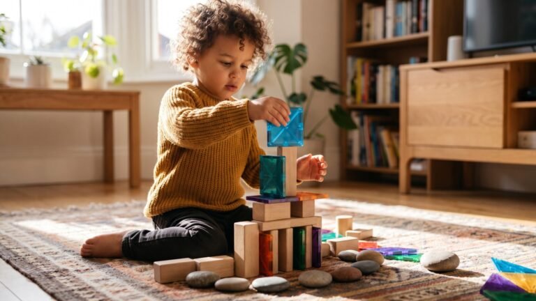Young child building a tower with wooden blocks, magnetic tiles, and stones during open-ended play on a living room rug